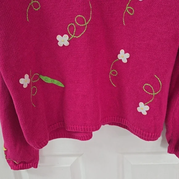 Talbots Pink Ramie Blend Cardigan Felt Sweet Peas Floral Embroidery Size Medium - Picture 9 of 13